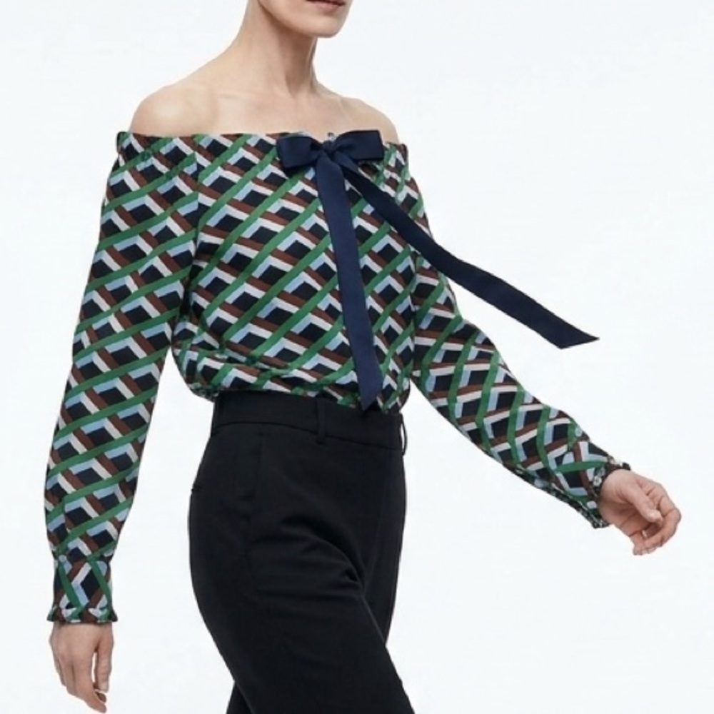 NEW J. Crew Off The Shoulder Geometric Top Small Navy Green Bow Detail